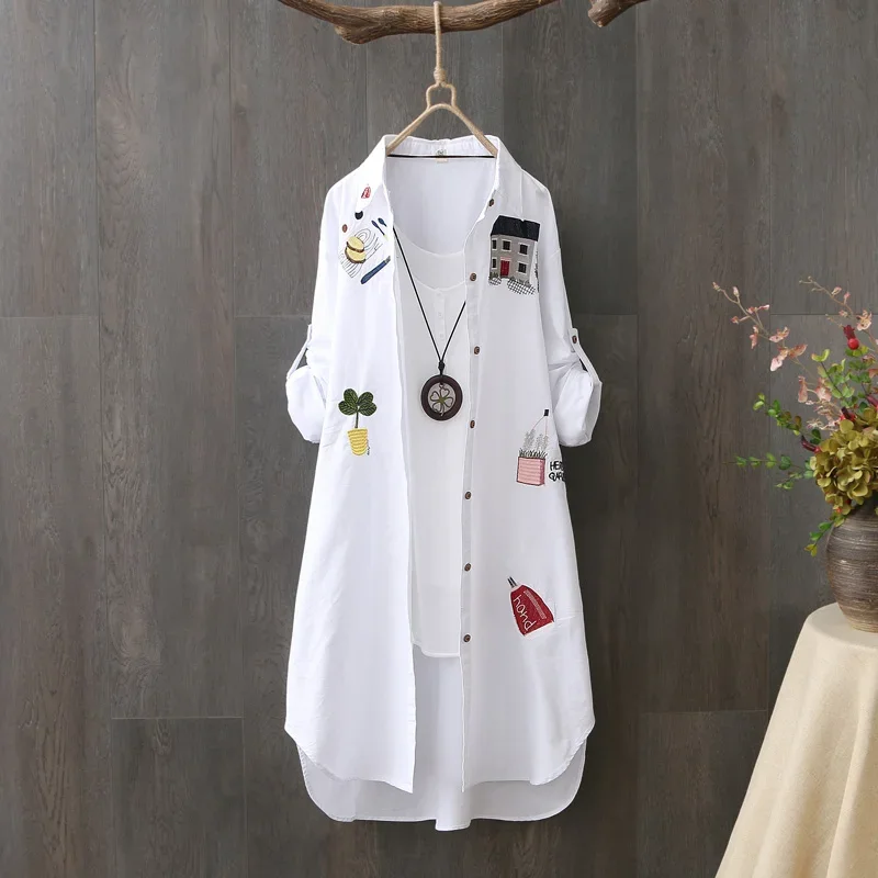 Women Cotton Embroidery Loose Long White Shirts 2023 Spring Autumn New Casual Office Lady Blouse