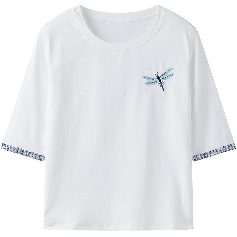 H025 Cotton women's T-shirt with white O-neck loose