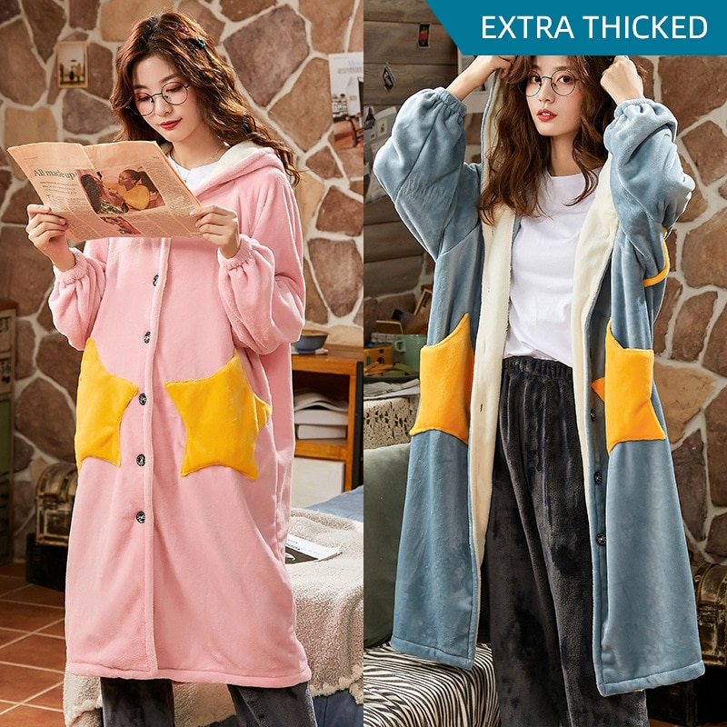 New Women's Pajamas Coral Fleece Pajamas with star pockets Long Sleeve Cardigan Home Clothes for Women Warm Winter