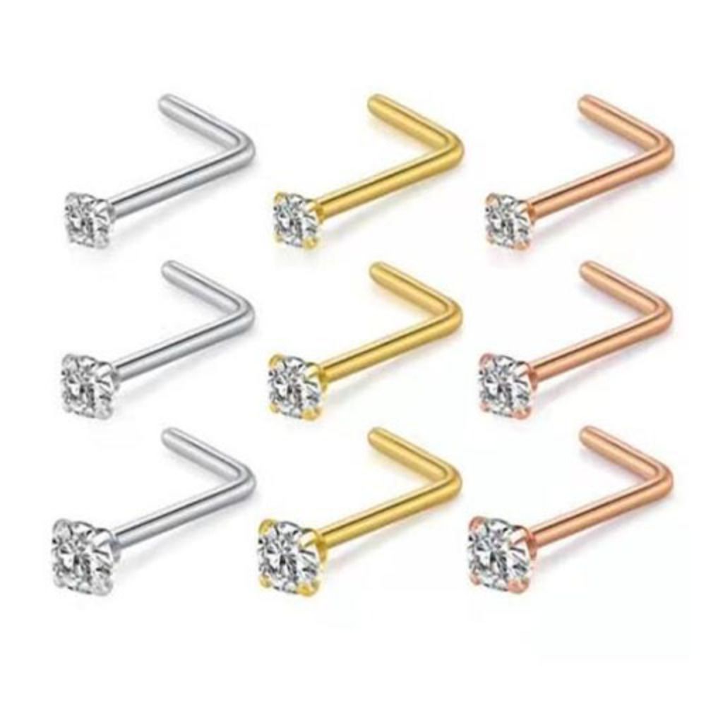 Stainless Steel Gem Nose Stud L Shape Nose Stud Brand New Piercing Bar for Nose