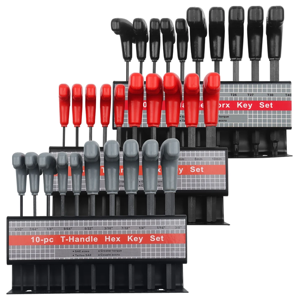 10pc Metric or Inch T-Handle Hex Key Allen Wrench Tool Set or Star T-Handle Hex Key Set with