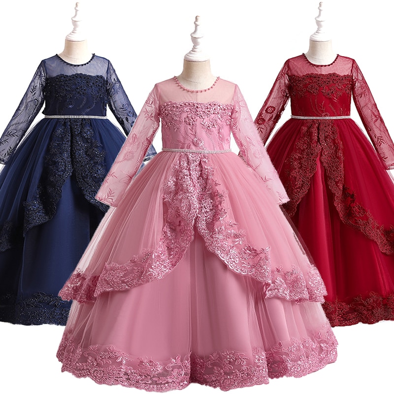 Children Formal Occasion Luxury Wedding Bridesmaid Long Dresses for Girls Lace Flower Birthday Party Graduation Ceremony Dress