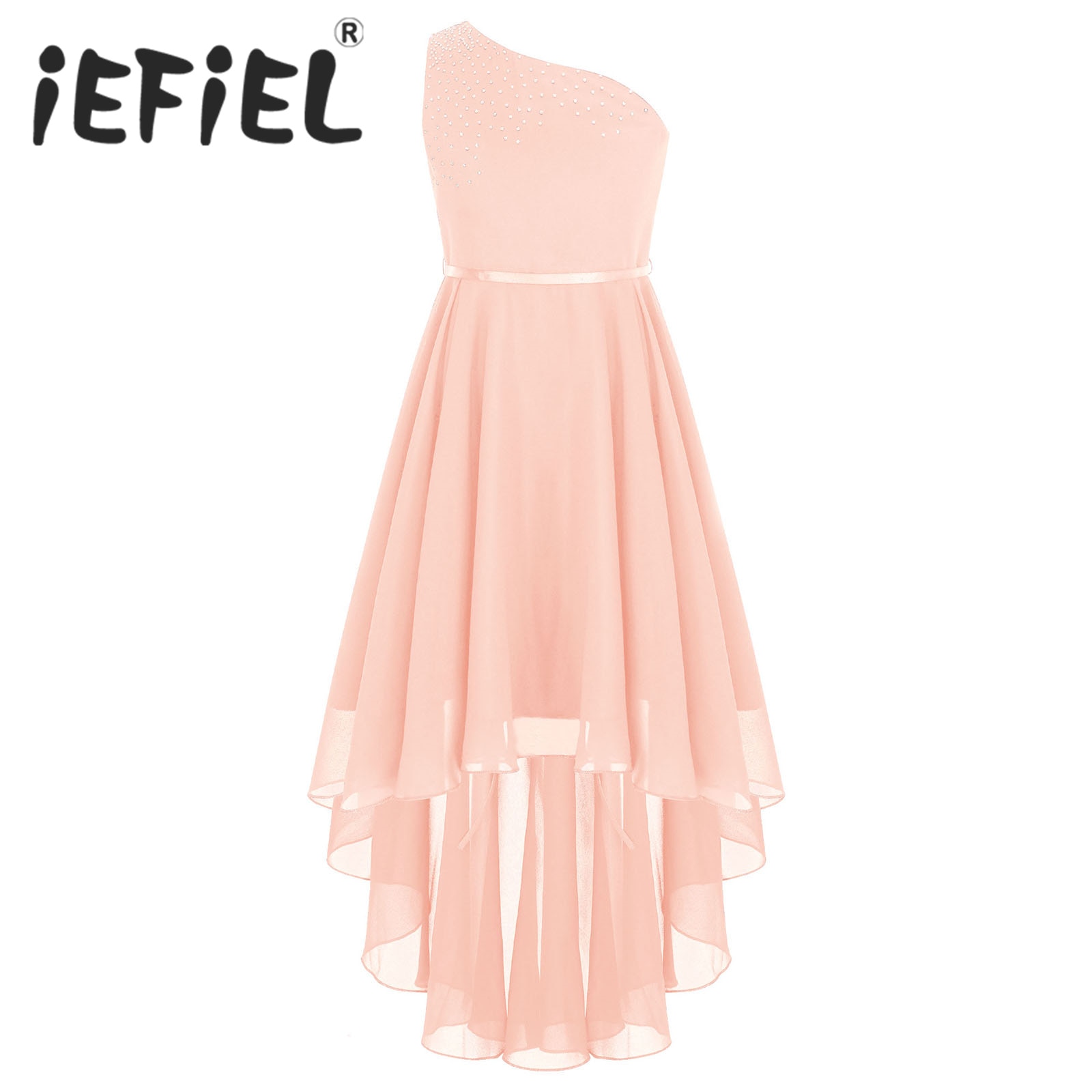 Kids Flower Girls Dress Rhinestone Birthday Party Wedding Dress One-Shoulder Sleeveless High-Low Chiffon Summer Communion Dress