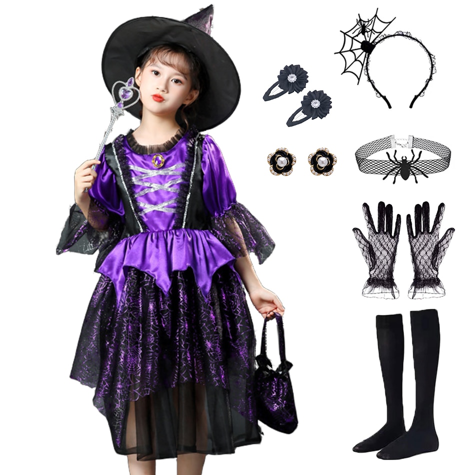 Girls Glitter Witch Costume Set Spider Web Print Mesh Dress Kids Halloween Cosplay Party Dress Up with Hat Magic Wand and Bag