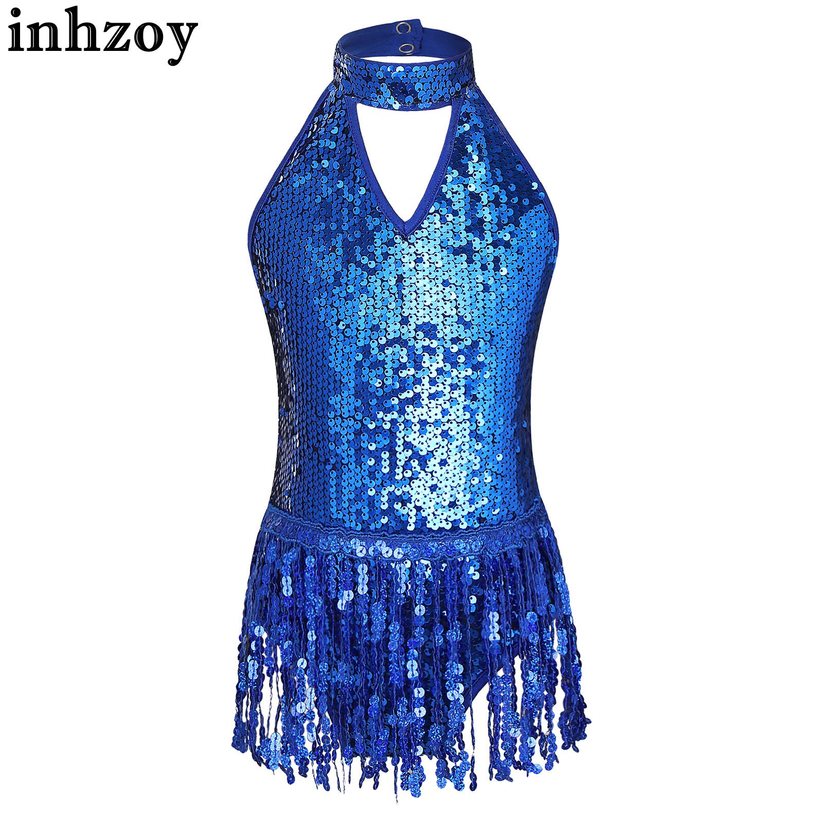 Kids Girls Sparkly Sequins Halter Neck Cutout Back Tassel Hem Leotard Dress Latin Jazz Samba Rumba Salsa Tango Dance Costume