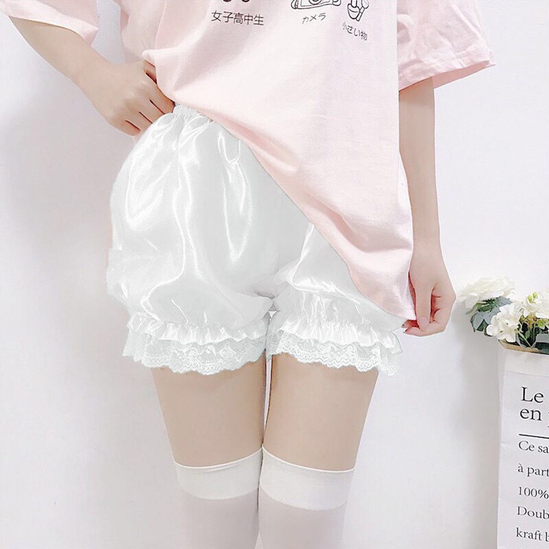 Cute Lolita Safety Short Pants Women Sweet Imitation Silk JK Bloomers Ruffles Lace Trim Panties Girl Pumpkin Shorts Under Pant