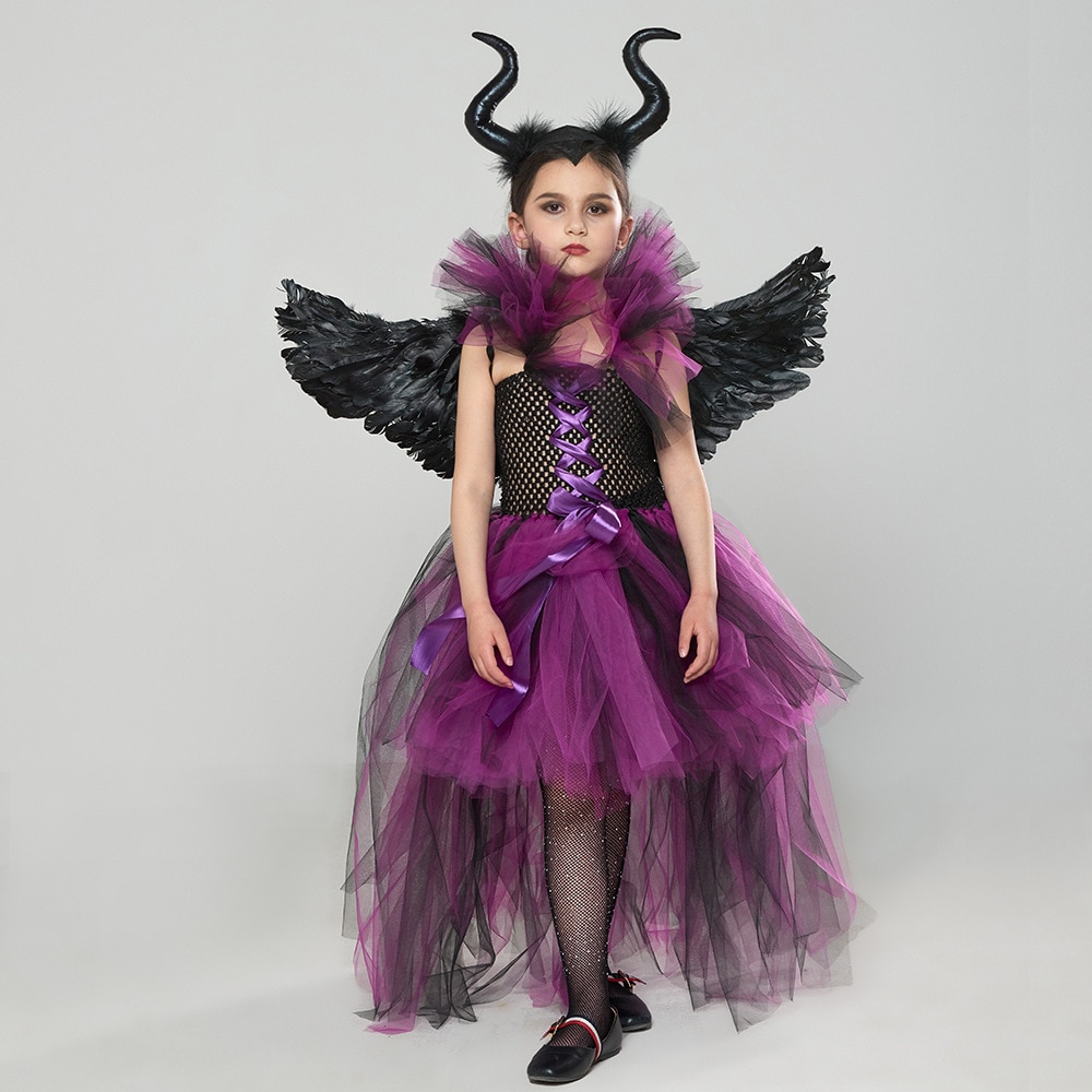 Witch Devil Cosplay Halloween Dress Black Wing Mesh Irregular Children Kids Clothing Christmas Party Performance Dress With Horn