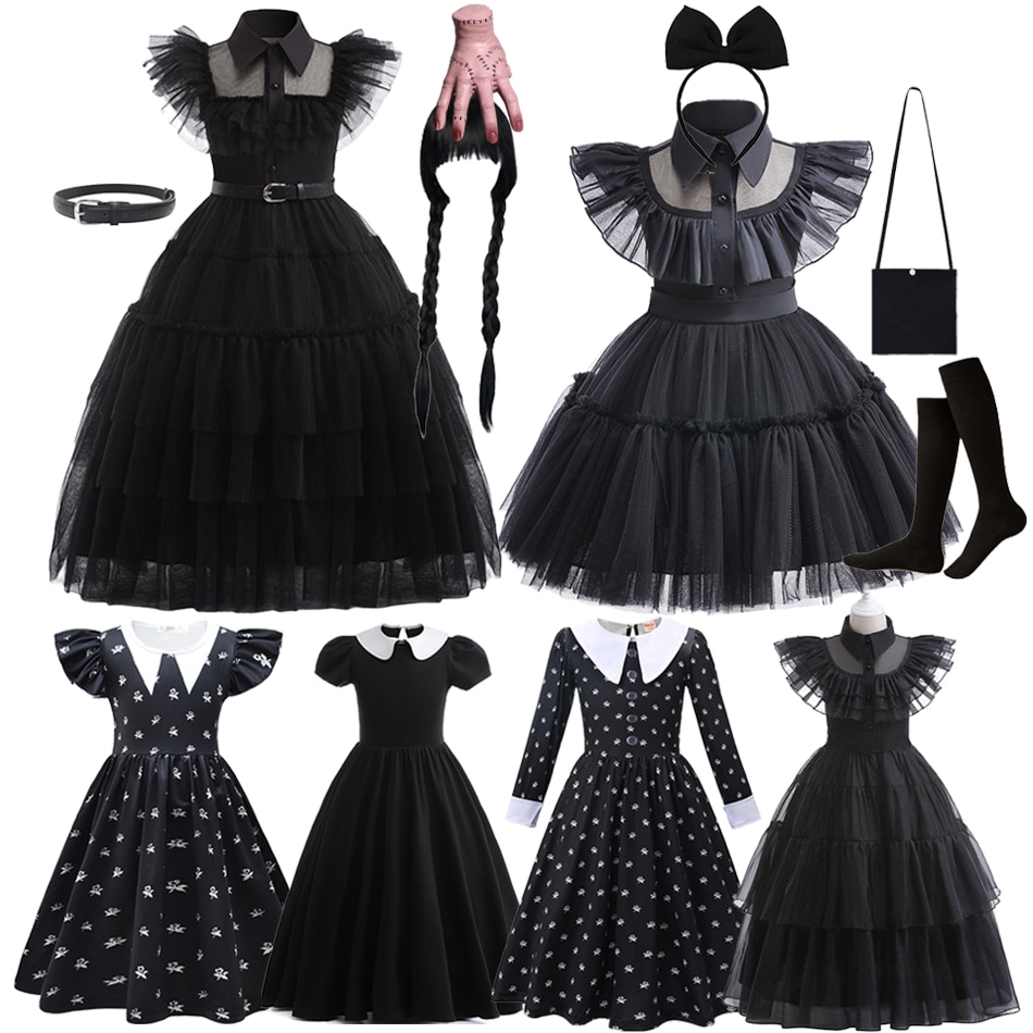 Movie Wednesday Halloween Cosplay For Girl Addams Costume 2023 New Vestidos Mesh Party Dresses Carnival Clothese