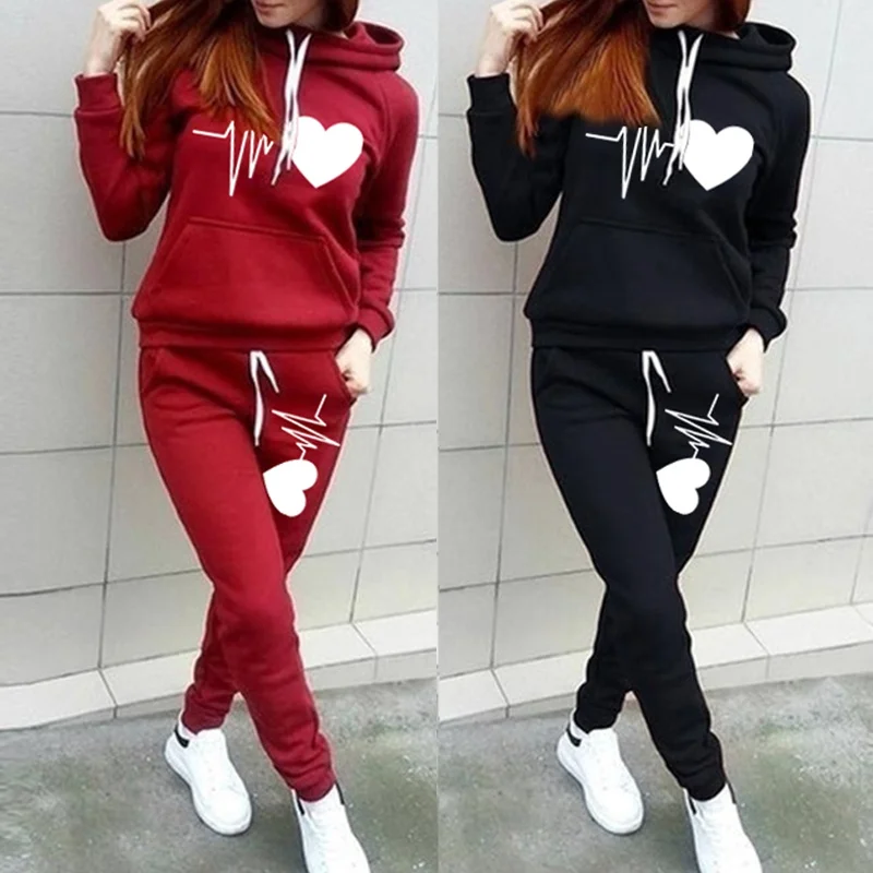 Fashion Heart print WomenHoodie Set Women Sportsuits Two Piece Suits Hooded Sweatshirts Long Pants