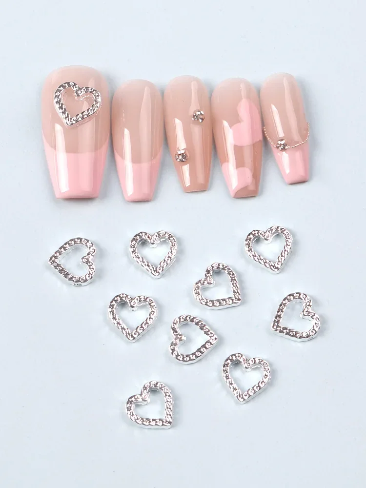 10pcs Silver Heart Alloy Nail Art Charm 3D Silver Metal Diamond Hollow Heart Love Nail Jewelry