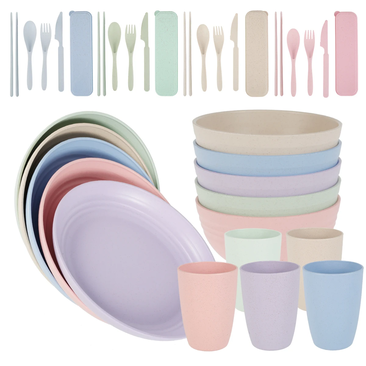40Pcs Dinner Dishes Set Wheat Straw Plates Dinnerware Tableware Eco Friendly Sturdy Lightweight