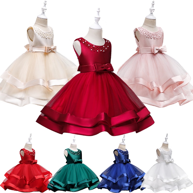 Elegant Hand Beading Flower Girl Satin Fabric Fluffy Tiered Dress Formal Occasion Host Stage Walk Graduation Ceremony Costume