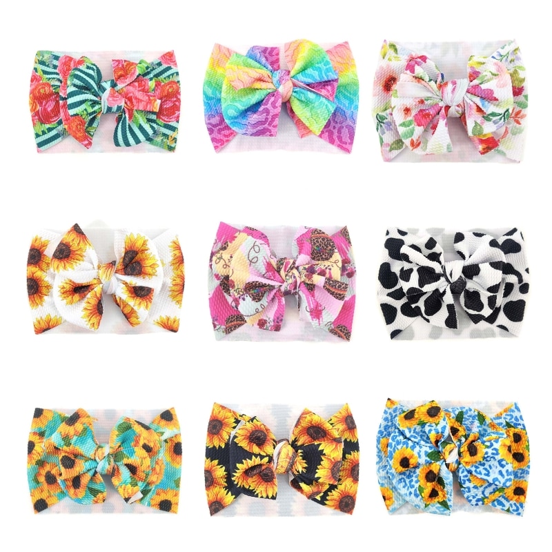 Newborn Baby Girl Large Bowknot Headband Rainbow Print Infant Wide Hairband Turban Knotted Elastic Headwrap