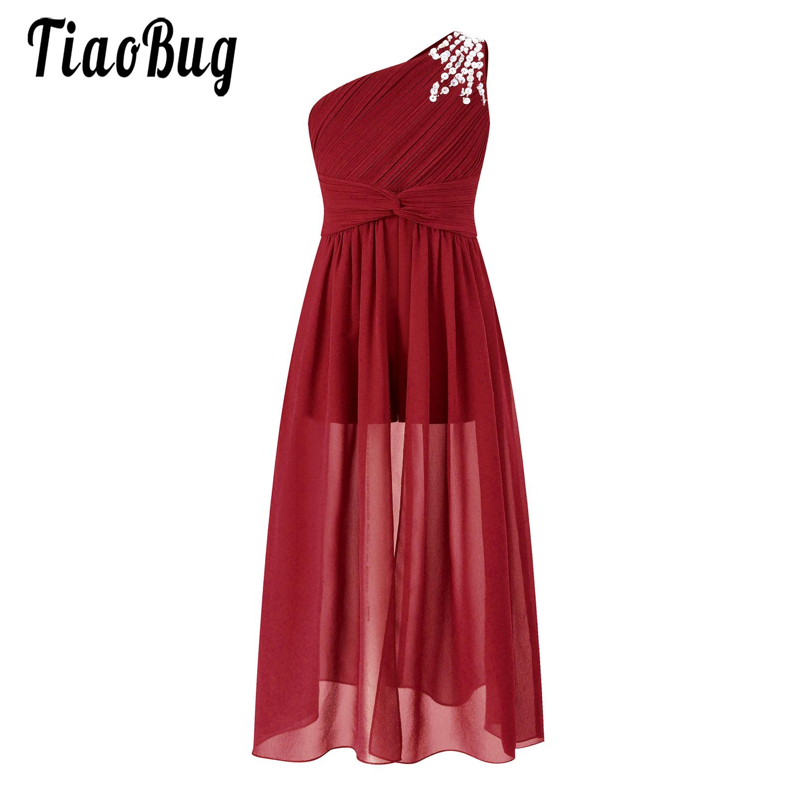 Kids Summer Flower Girl Dress Girls Sleeveless One Shoulder Romper Dress Children Wedding Banquet Party Maxi Ball Gown Dancewear