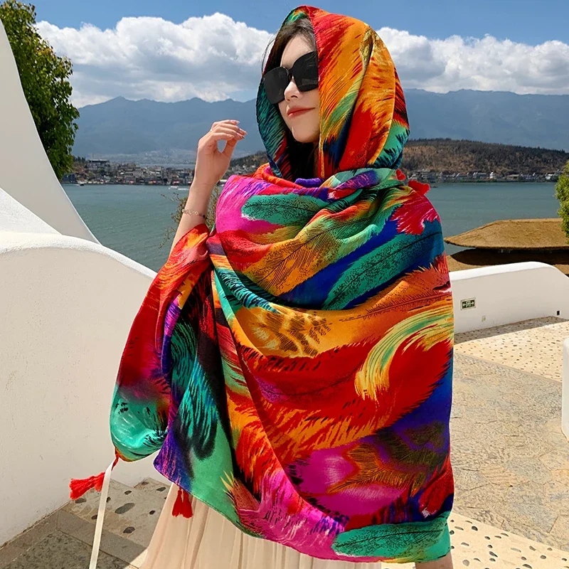 Fashion Women Beach Scarf Bohemia Flower Summer Hijab Shawls and Wraps Female Foulard Echarpe