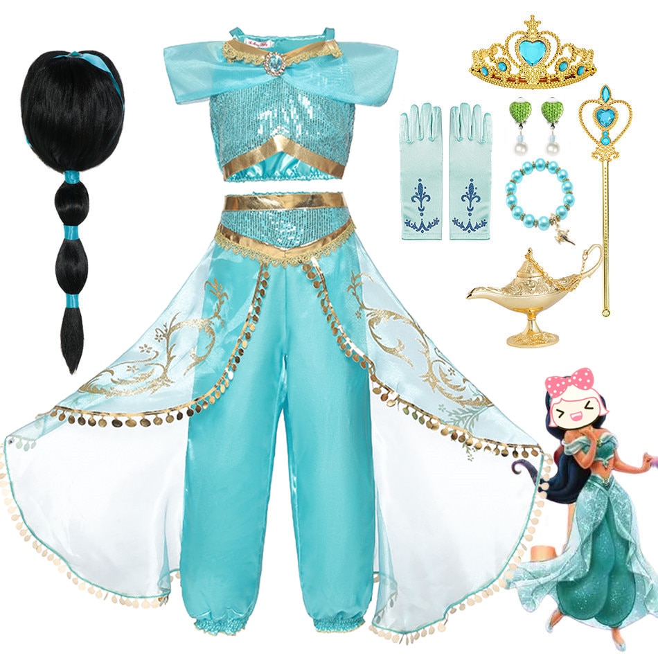 2023 Girls Aladdin Princess Magic Lamp Carnival Children Clothing Halloween Birthday Party Cosplay Costume for 4-10 Years Kids