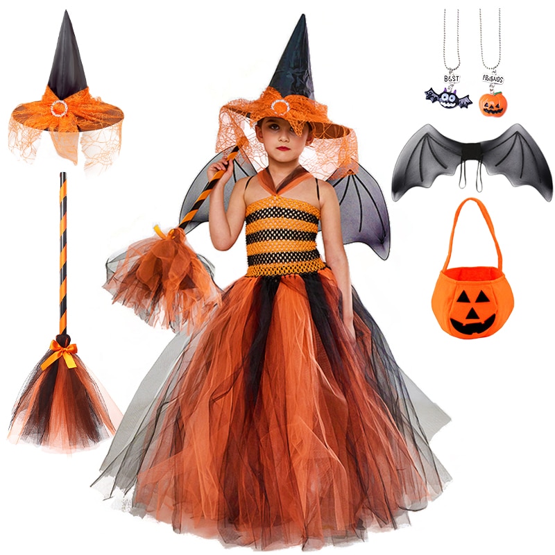 Halloween Ghost Festival Stripe Fluffy Witch Dress for Girls 2-10Years Children Bat Cosplay Masquerade Stage Performance Costume