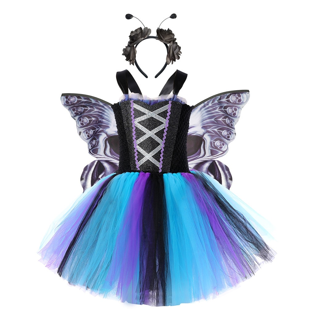 Halloween Party Cosplay Dress Black Butterfly Wing Girls Christmas Stage Performance Dresses + Headband For Children Kids Outfit