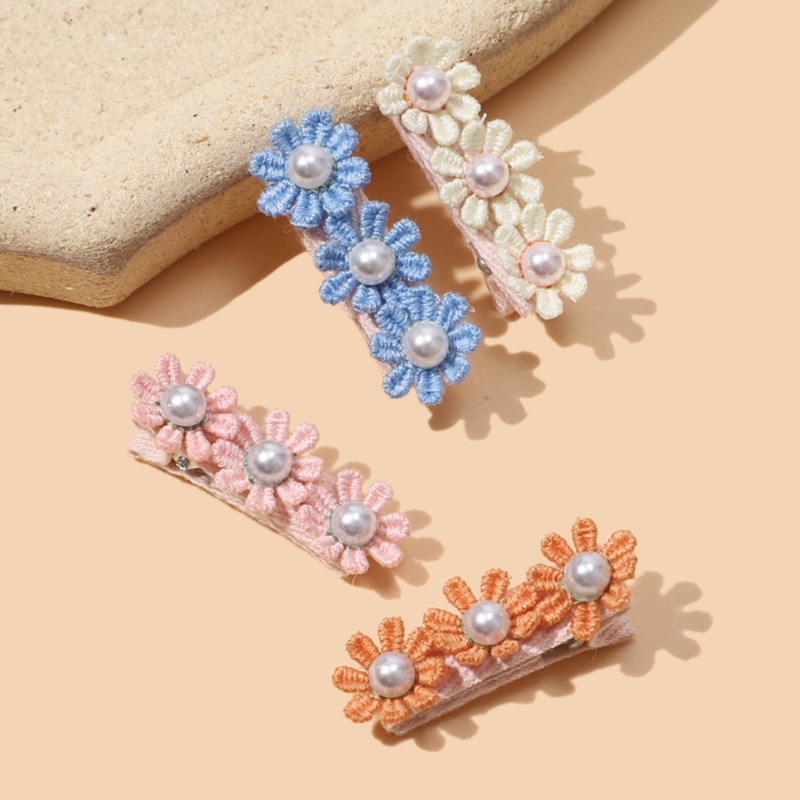 2Pcs Baby Girl Pearl Hairclip Three Flowers Daisy Hair Pins Children Kawaii Barrettes Toddler Side Clips Fashion Hairgrips Lot