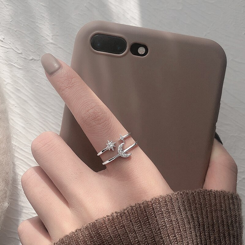 925 Sterling Silver Exquisite Zircon Double Layer Star Moon Ring for Women Adjustable Finger Ring Wedding Engagement Jewelry
