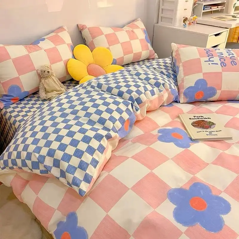Nordic Pink Checkerboard Duvet Cover Sets With Pillowcases Flat Sheet Kids Girls Boys Full Queen