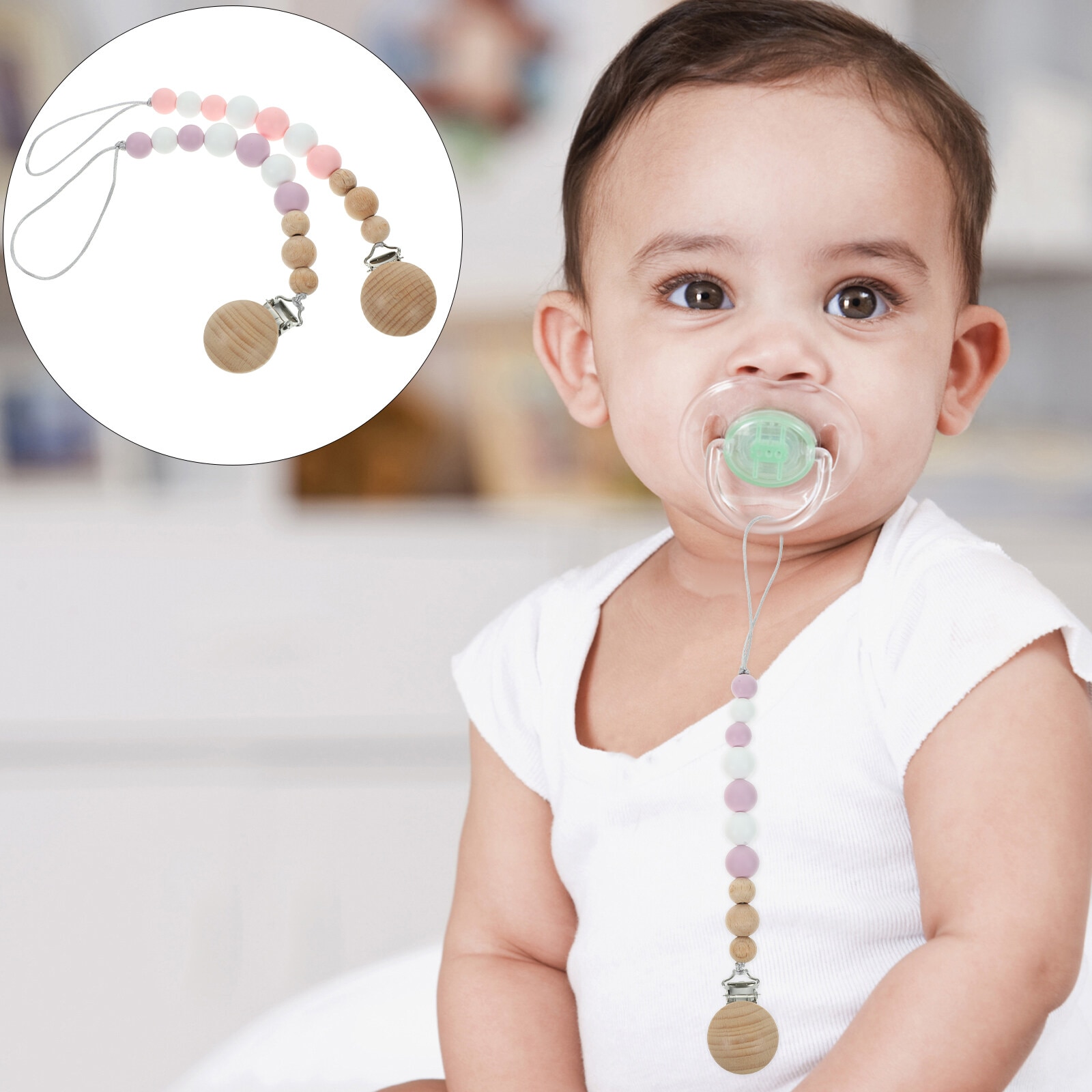 Pacifier Clip Baby Leash Strap Holder Beaded Teething Toy Clips Silicone Pacifiers