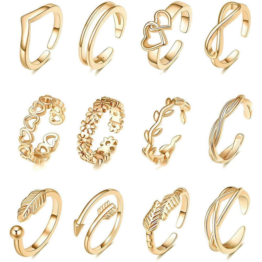 12pcs Summer Toe Rings For Women Outdoor Beach Vacation Open Adjustable Metal Heart Foot Ring Set Body Jewelry
