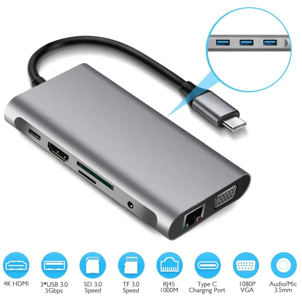 RYRA USB Type C HubTo 4K HDMI VGA Adapter RJ45 1000M Lan Ethernet SD TF PD USB3.0 3.5mm Jack Audio