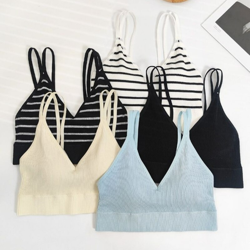 1pc Women Seamless Wireless Bra with Soft Padding Double Strappy V-Neck Ribbed Knit Camisole Gym Workout Yoga Crop Top Vest