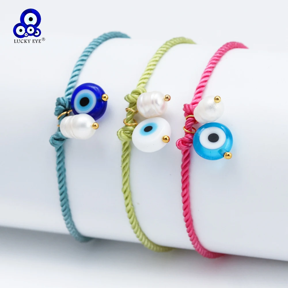 Lucky Eye Braided Rope Bracelet Adjustable Turkish Evil Eye Freshwater Pearl Bead Bracelet for Women