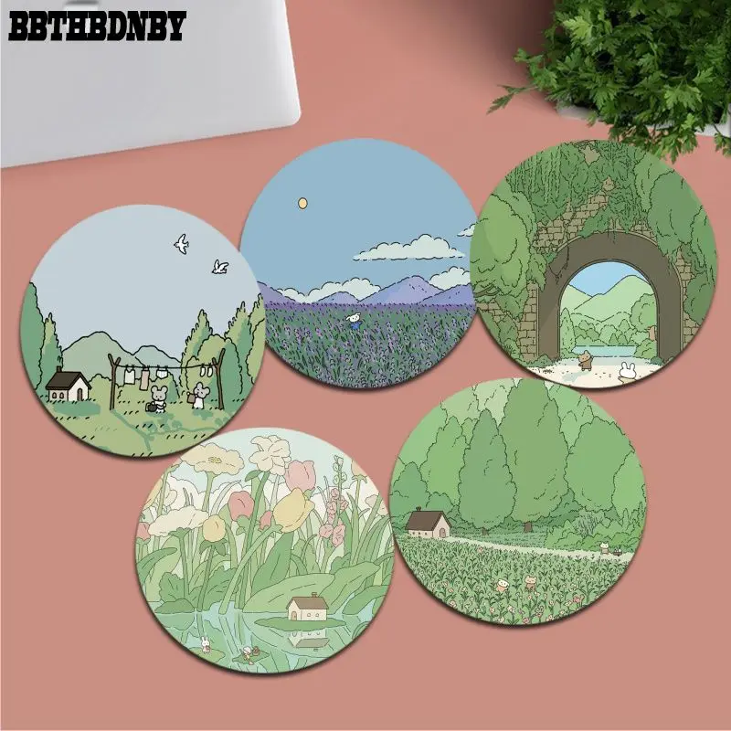 Cute Green Plant Anti-Slip Round Cabinet Gaming Laptop Computer Desk Mat Office Notbook Mouse Pad