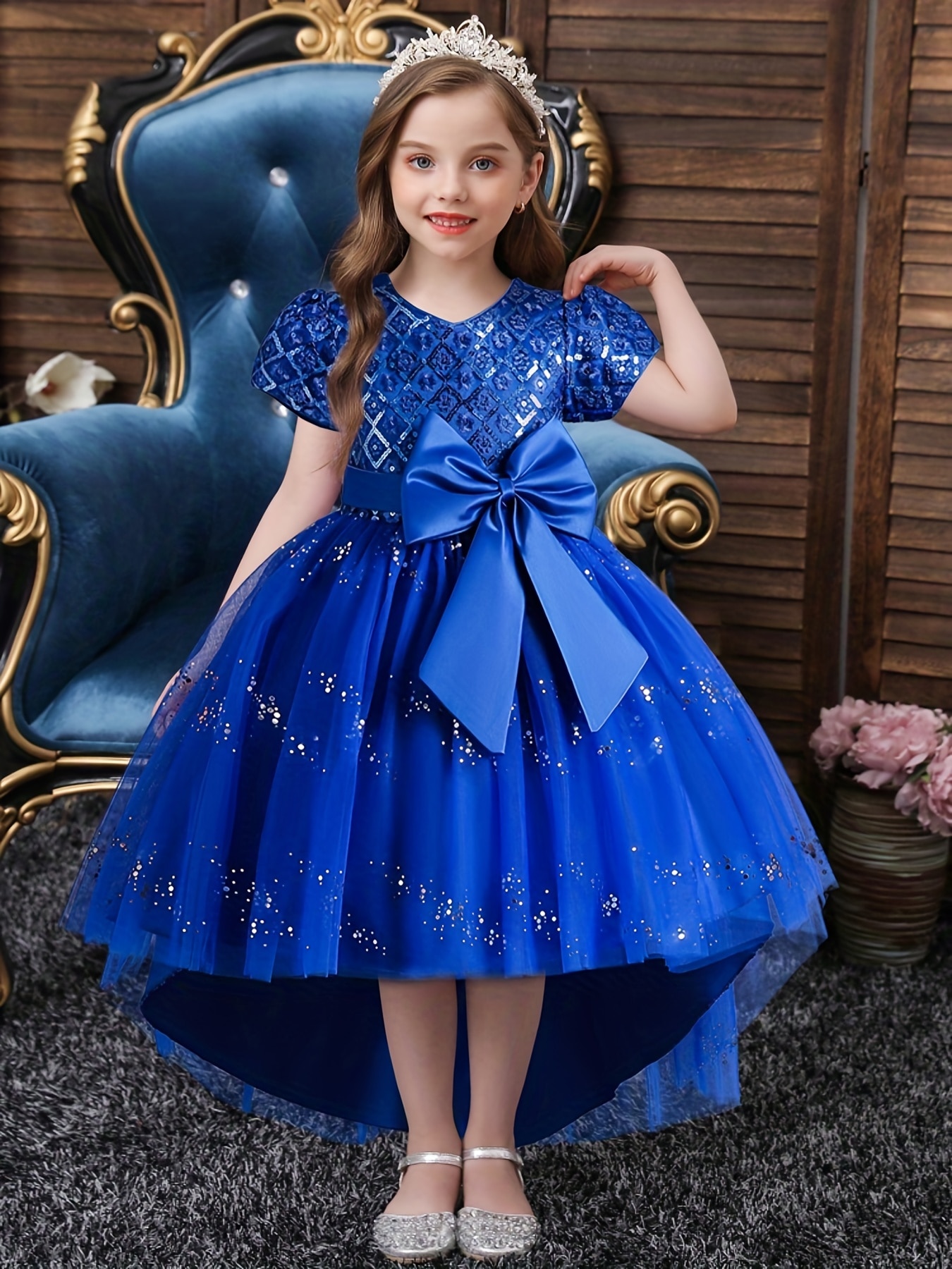 Girls Sequin Puffy Tutu High Low Bow Belted Dress Kids Princess Dress Performance Evening Christmas Dress