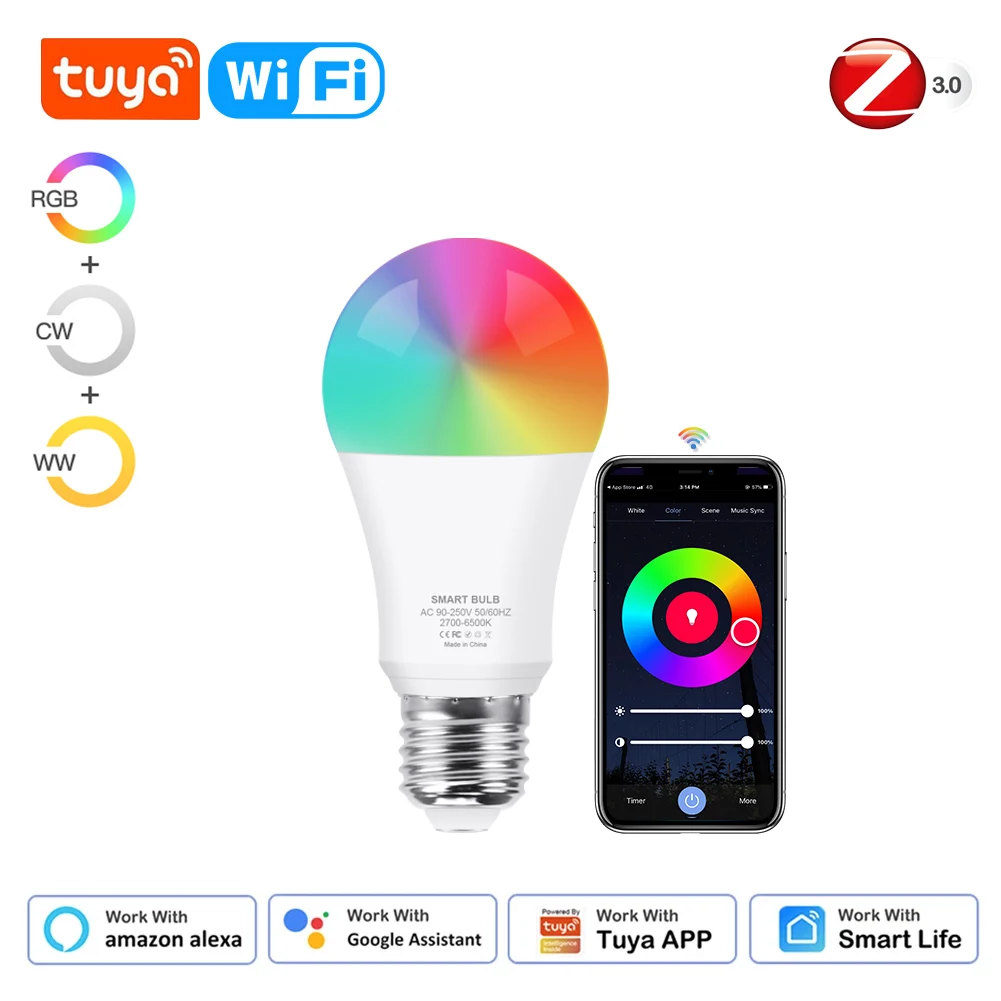 Tuya Wifi Smart Light Bulb RGB E27 Zigbee Led Bulb Smart Life Tuya Zigbee Lamp 110V 220V Alexa Smart