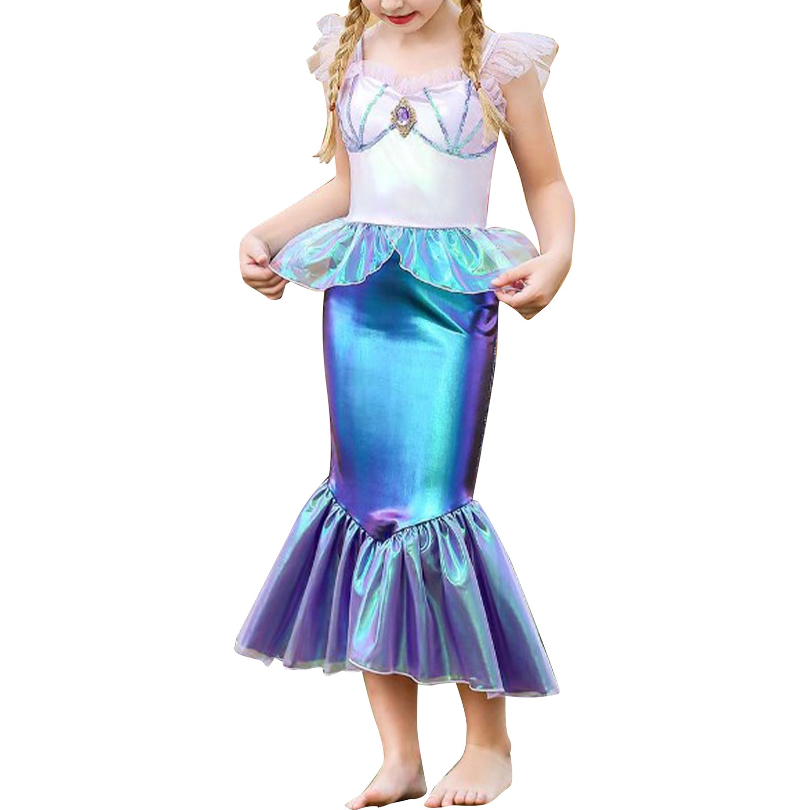 Kid Girls Pink Mermaid Princess Dress Birthday Halloween Cosplay Costume Sleeveless Shiny Metallic Flounce Peplum Fishtail Skirt