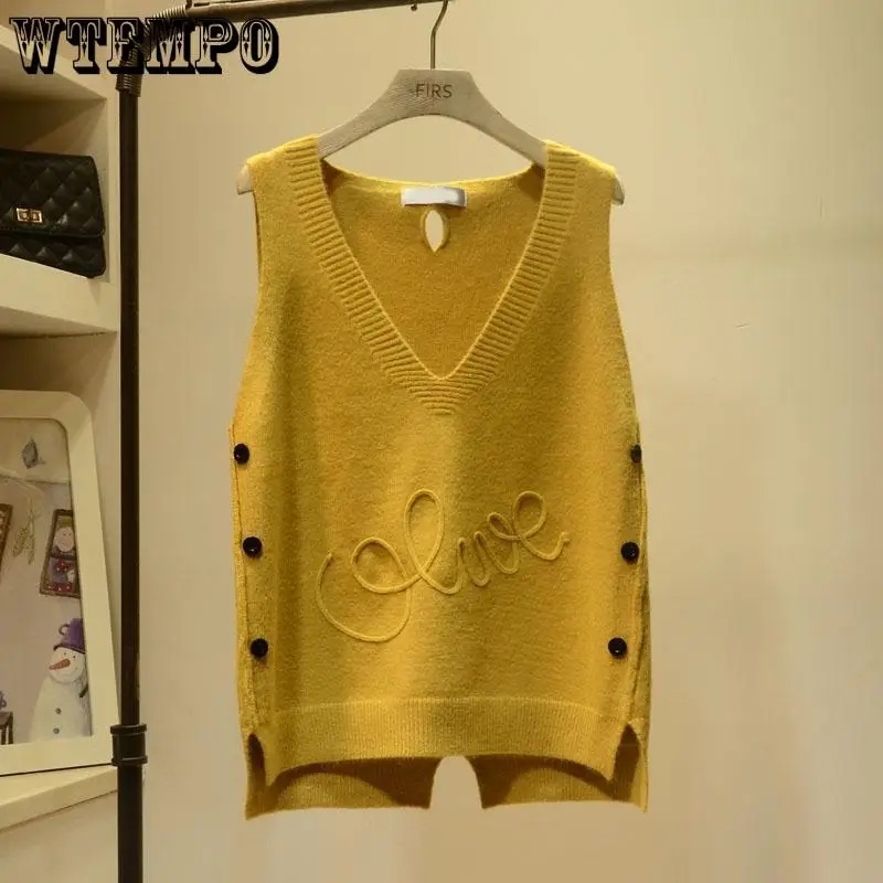 WTEMPO Fashion V-Neck Button High Low Vest Sleeveless Sweater Women's Clothing Autumn All-match