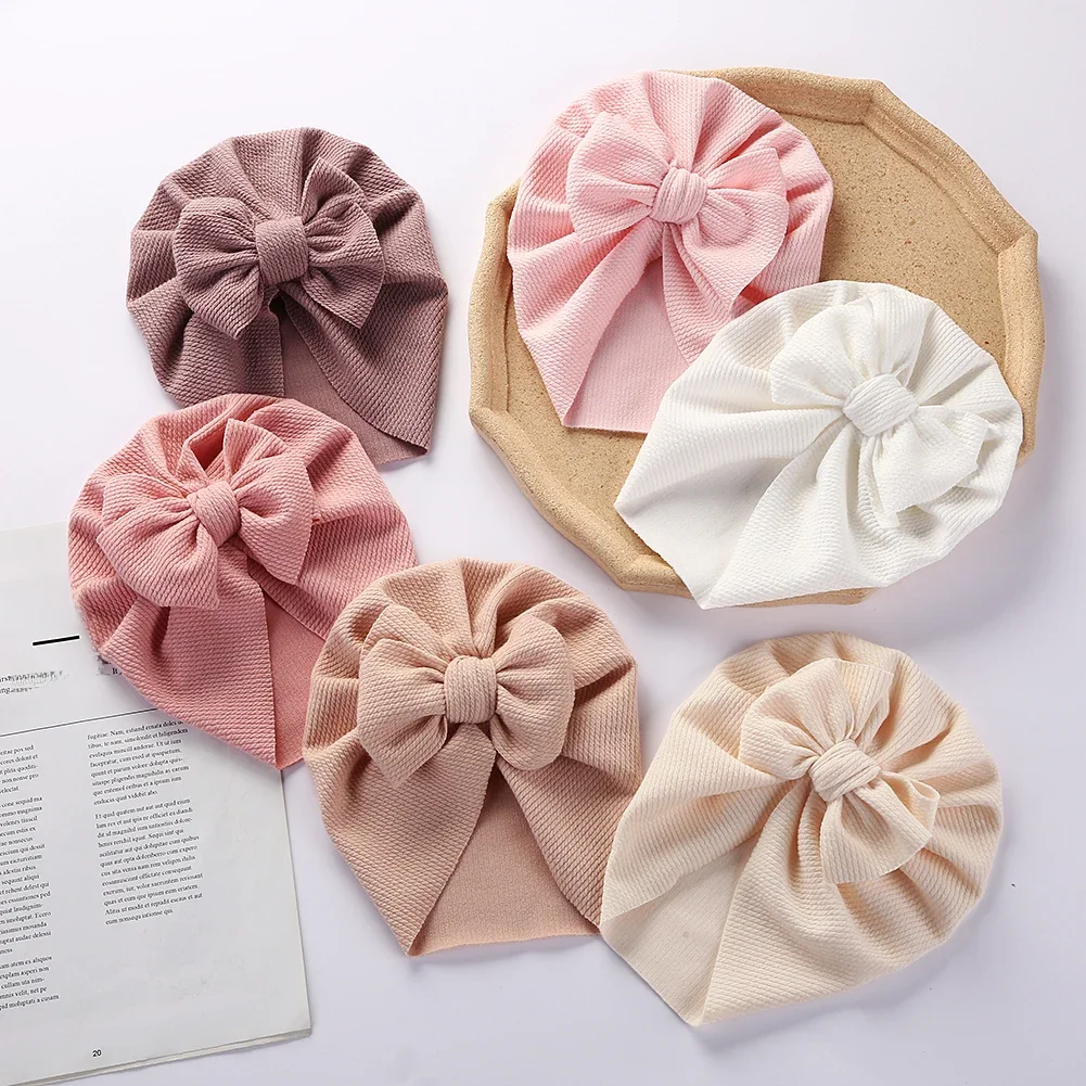 Solid Textured Ribbed Turban Baby Hats Bow Topknot Caps for Newborn Boy Girl Toddler Hospital