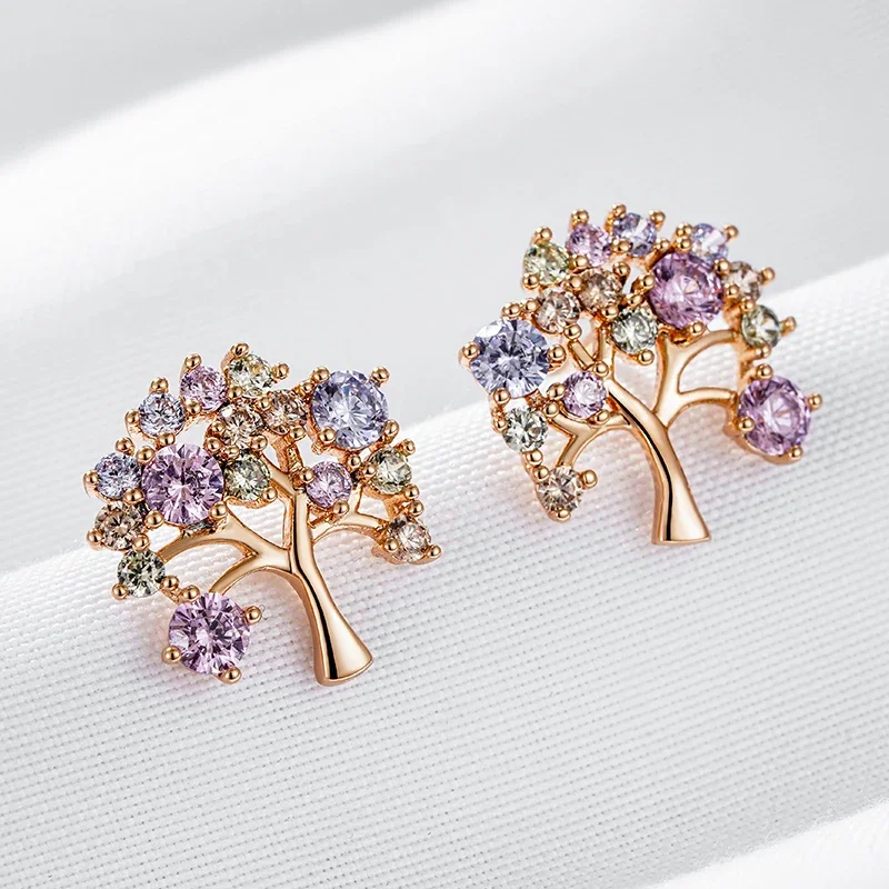Wbmqda Fashion Colorful Lucky Tree Stud Earrings For Women 585 Rose Gold Color Exquisite Natural