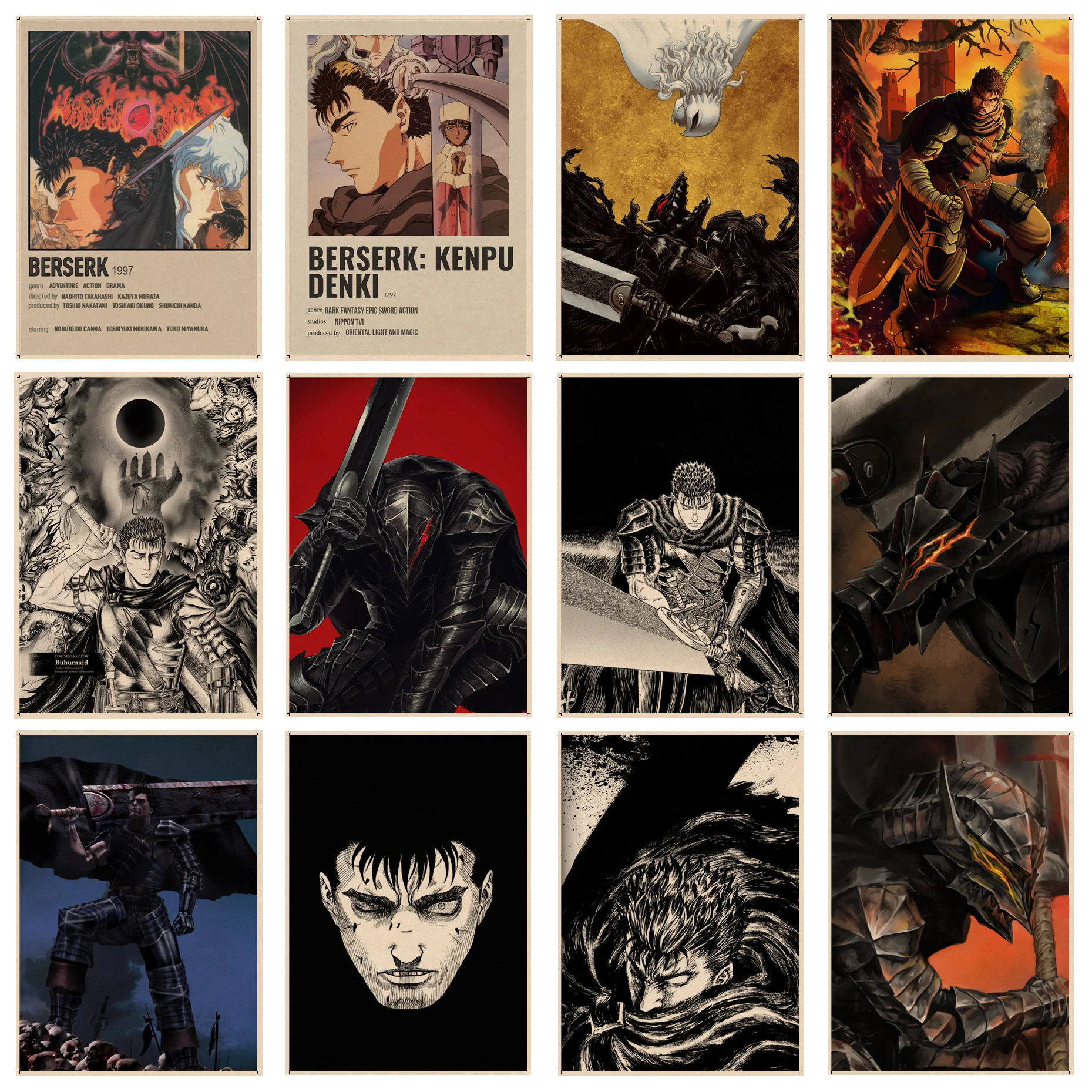 Japanese Anime Berserk Anime Posters Retro Kraft Paper Sticker DIY Room Bar Cafe Posters Wall