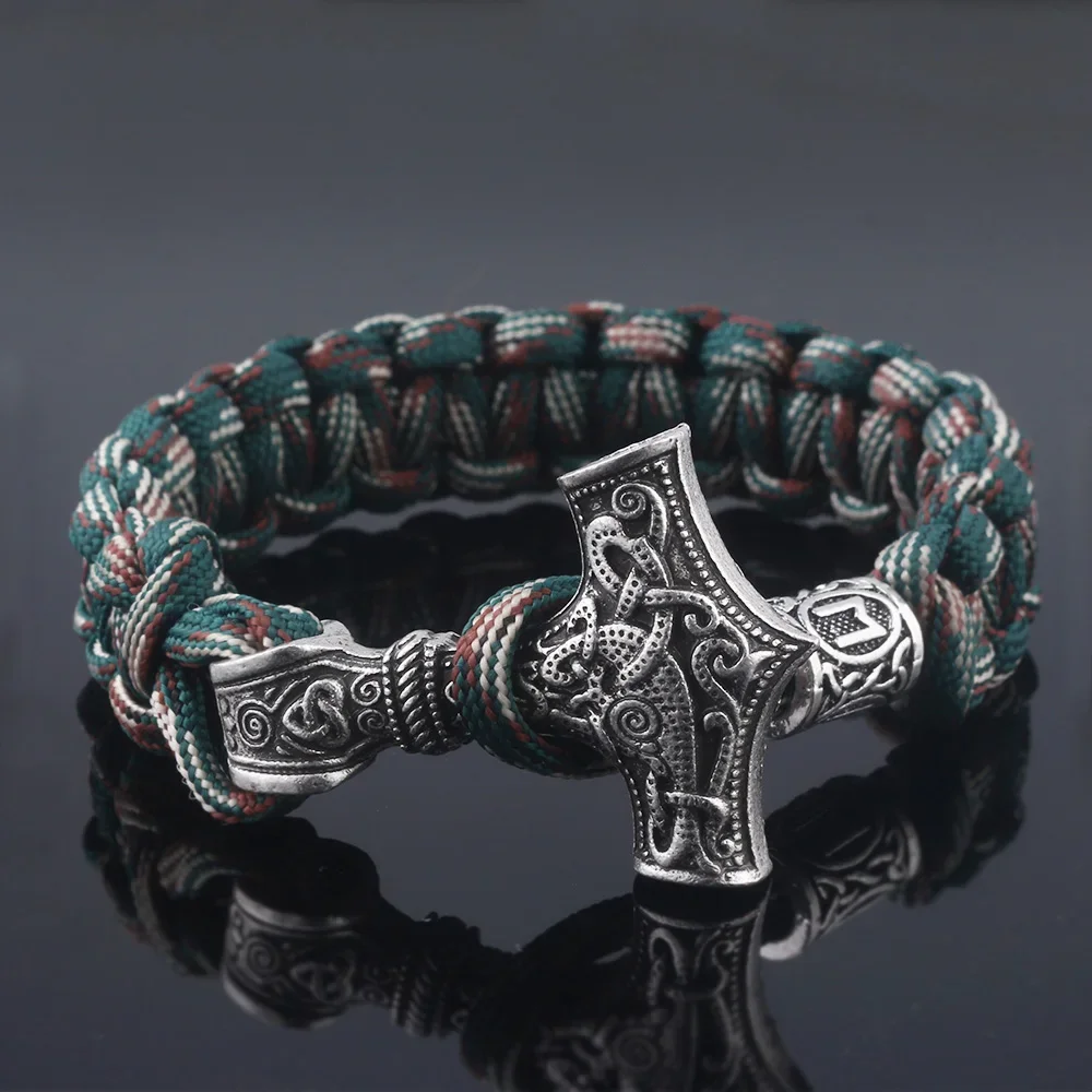 Ancient Norse Viking Men Bracelets Thor Mjolnir Hammer Paracord Amulet Runes Beads Hand Made Rope