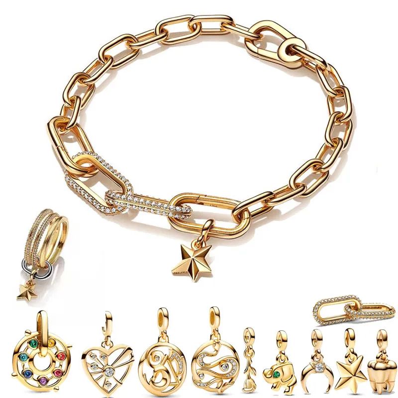 2023 New 925 Silver 14K Gold Pavé Double Styling Link Mini Dangle Me Charms Fit Original Pandor  Me