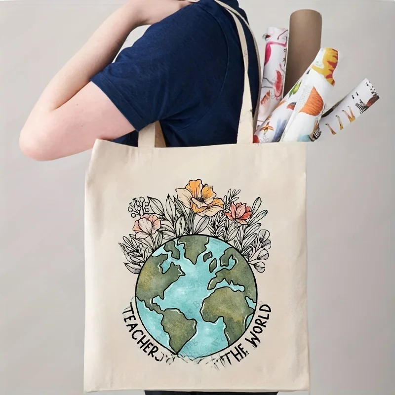 Teachers Change The World Shopping Bag, Casual Canvas Shoulder Bag  Reusable Foldable Storage Tote