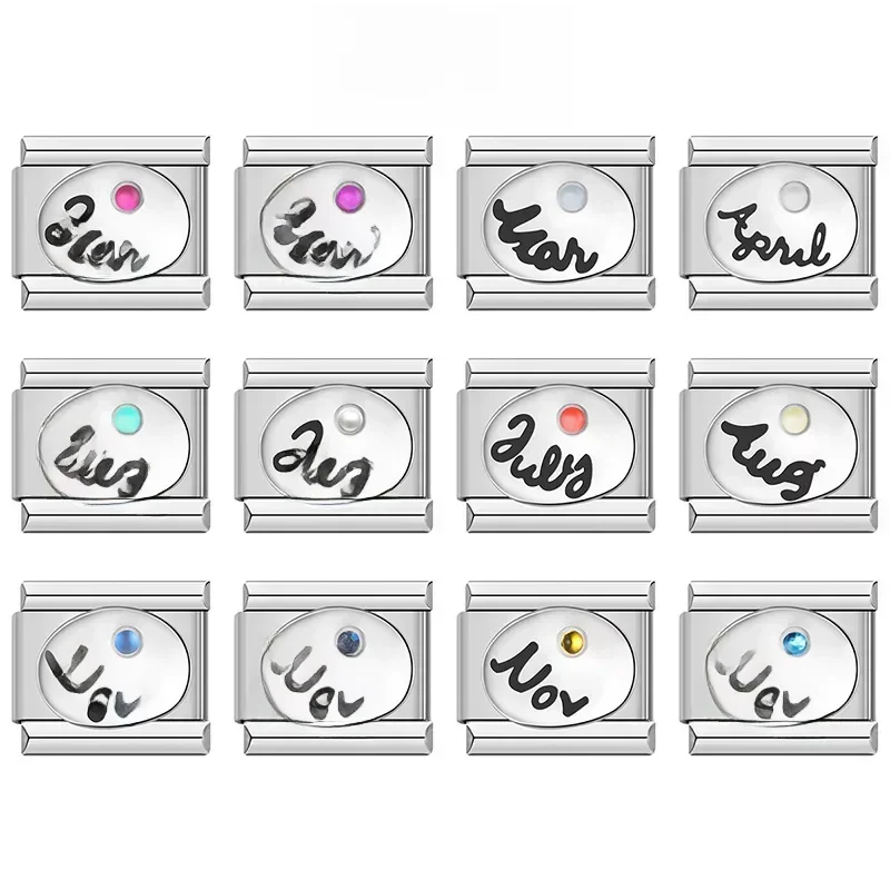 Hapiship 2024 Fashions New Elliptic Month Birthday Charm Links Fit 9mm Bracelet Stainless Steel