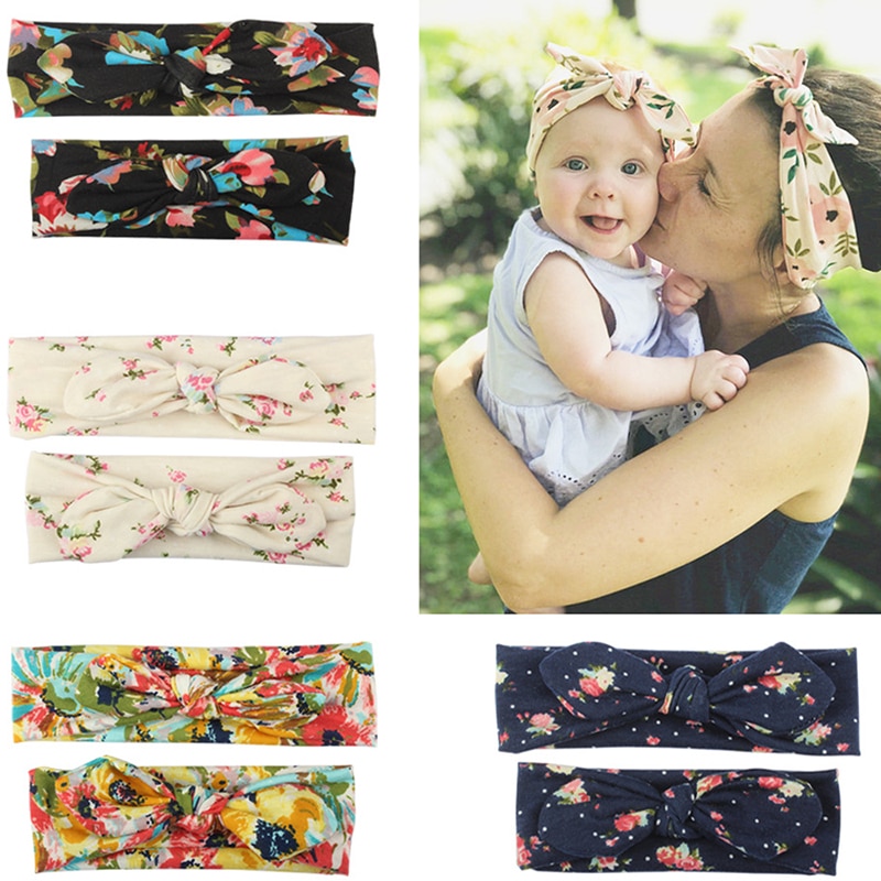 2Pcs/Set Floral Printed Elastic Baby Mom Headbands Parent-child Headwear Twist Knot Baby Hair Bands Accessories Baby Hairwear