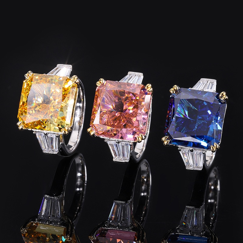 Sparkling Yellow Red Blue Square High Carbon Diamond Wedding Ring For Women S925 Sterling Silver Luxury Designer Jewelry Gift