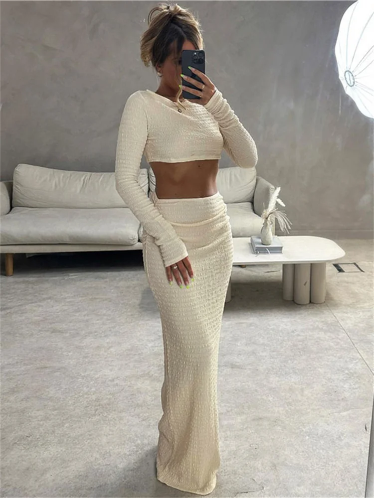 Tossy Patchwork Slim Female 2 Piece-Set Fashion Long Sleeve Crop top And Maxi Skirt Sets High Street