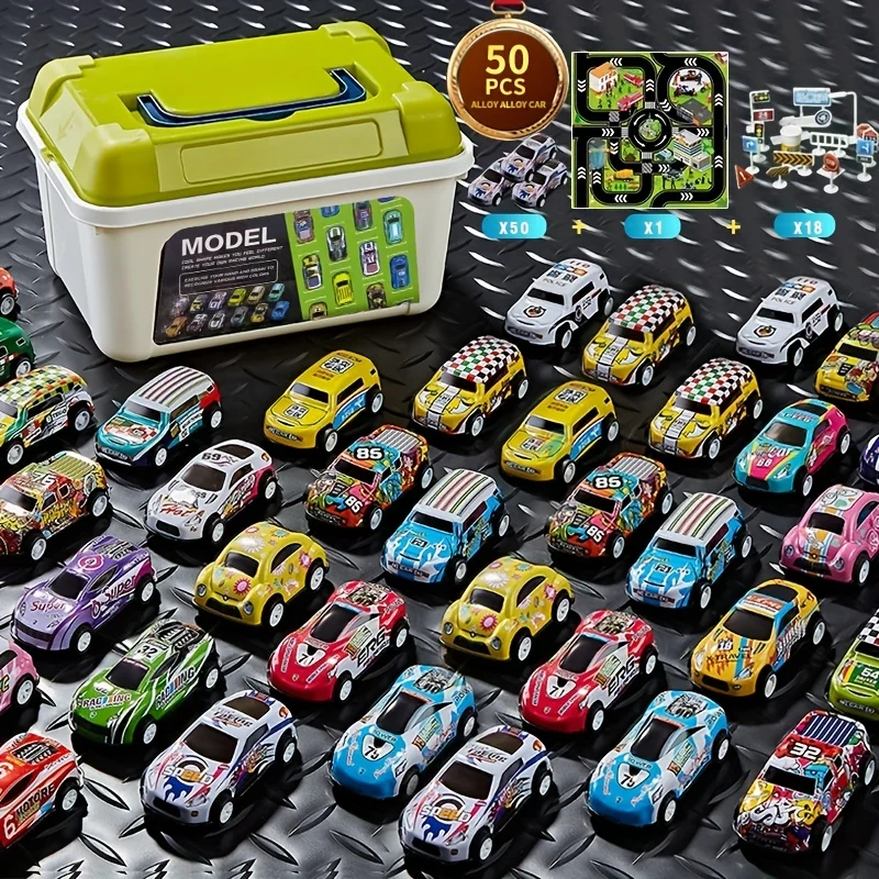 Alloy Toy Cars Set With Storage Box Pull Back Cars Alloy Cars  Playmat Road Signs  Toy Car Set For