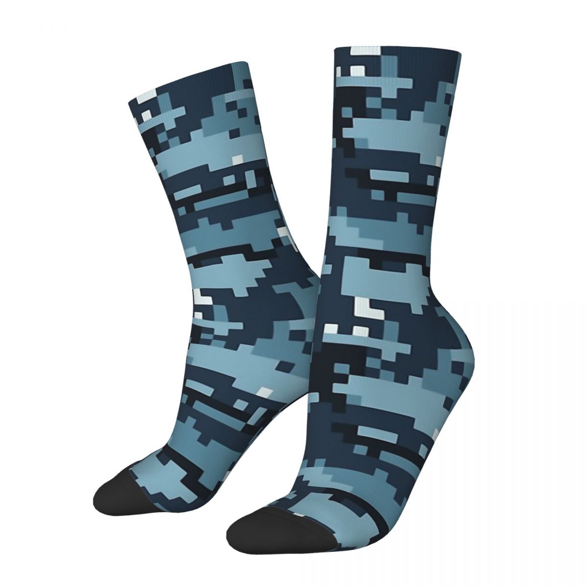 Funny Crazy Sock for Men Navy Blue Digital Hip Hop Harajuku Camo Camouflage Army Happy Seamless Pattern Printed Boys Crew Sock