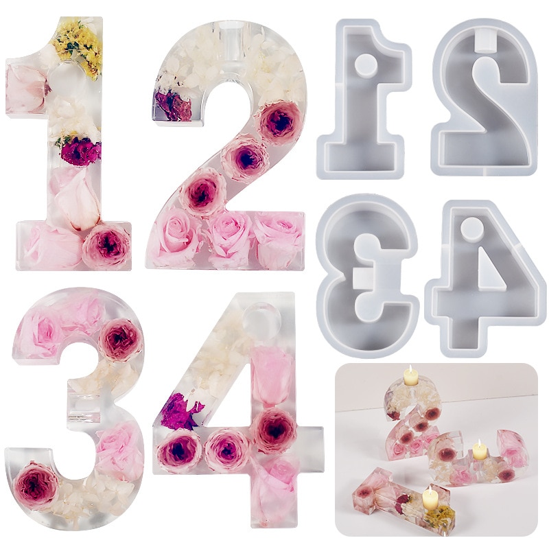 DIY Crystal Epoxy Mold Geometric Digital Candle Holder Decoration Festive Atmosphere 1234 Arabic Numerals Gypsum Silicone Mold