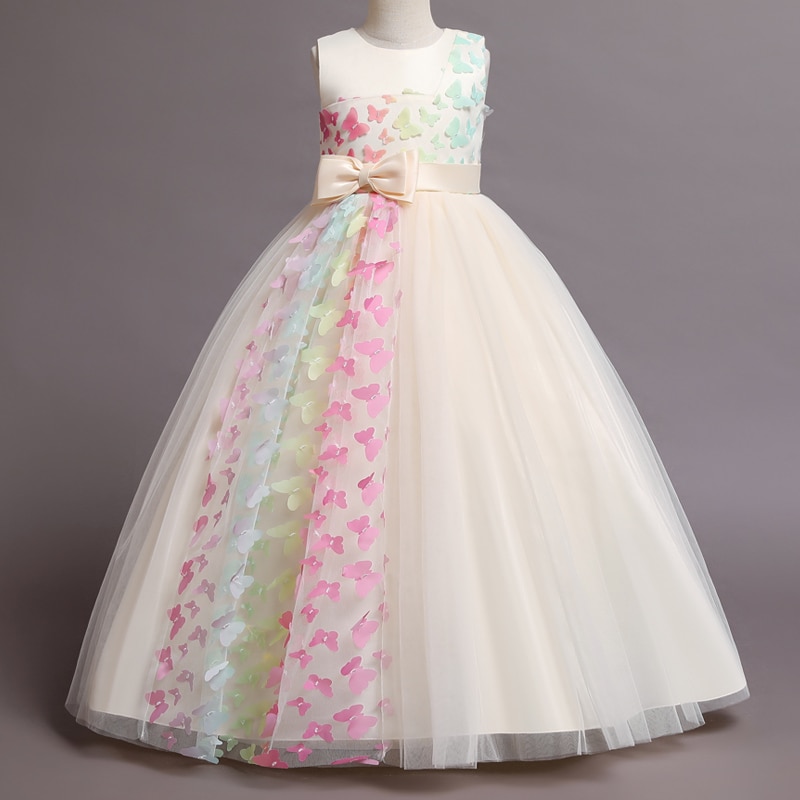 C259 Children's Dress Girls' Princess Sequin Bubble Sleeve Long Mesh Flower Girl Wedding Little Summer