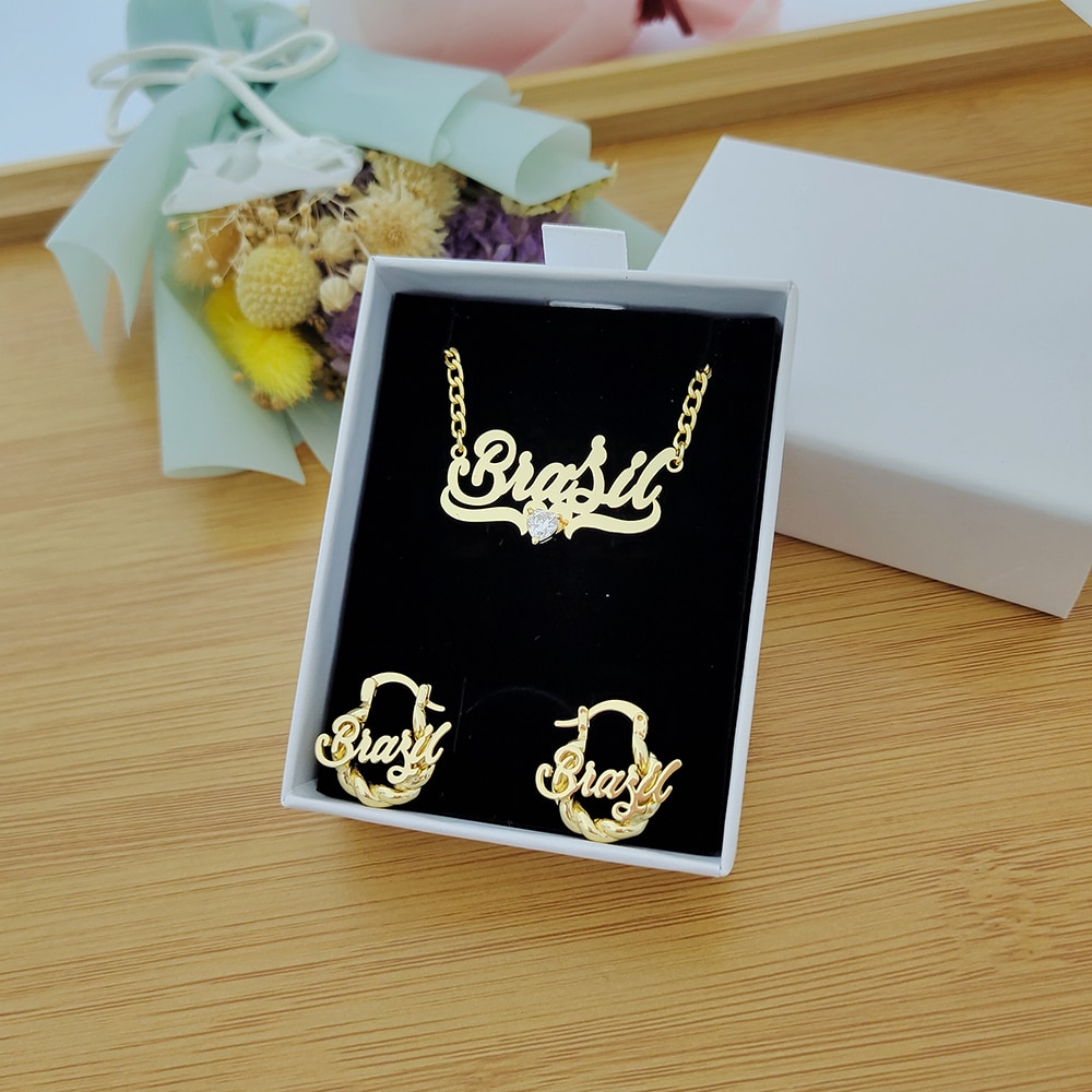 DODOAI Custom Name Jewelry Sets Stainless Steel Custom Jewelry Nameplate Necklace/Earrings 2 Piece Set for Children's gifts